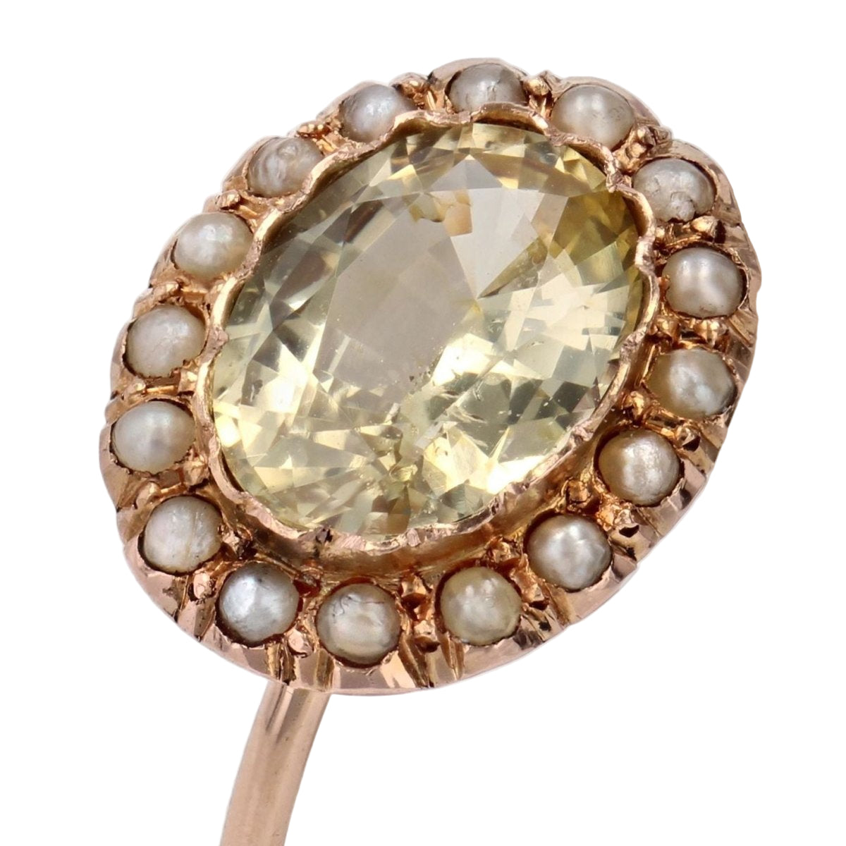 Bague ancienne saphir jaune naturel et perles fines - Castafiore