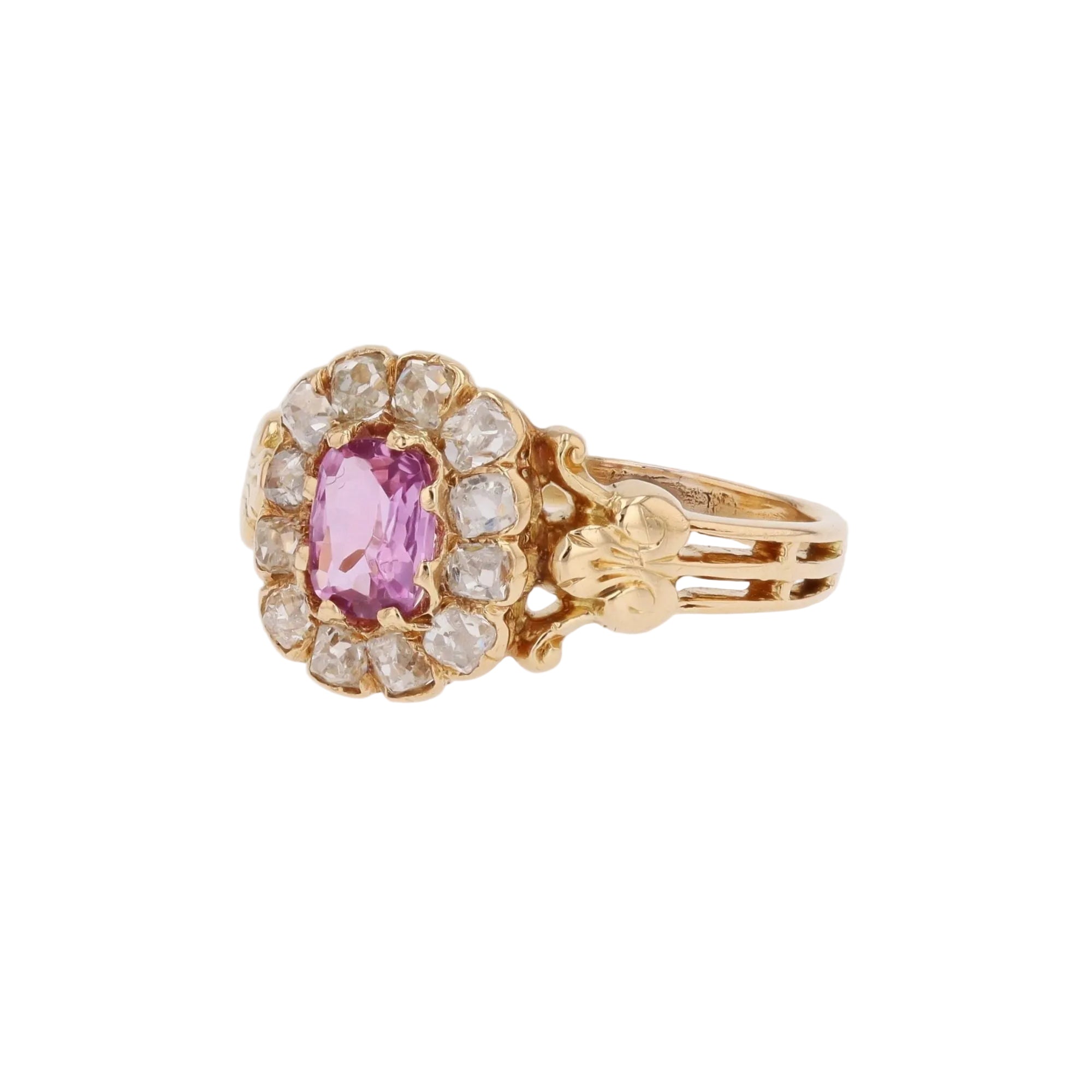 Ring antique pink sapphire daisy and diamonds