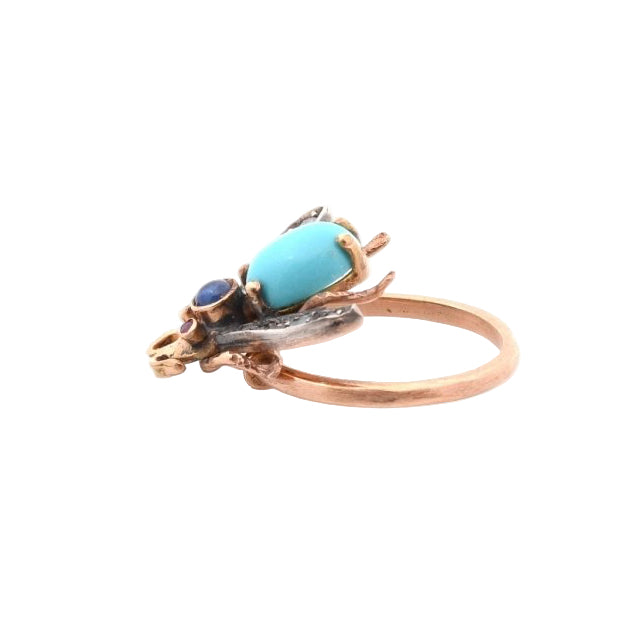 Bague ANCIENNE Turquoise et pierres précieuses en or jaune - Castafiore