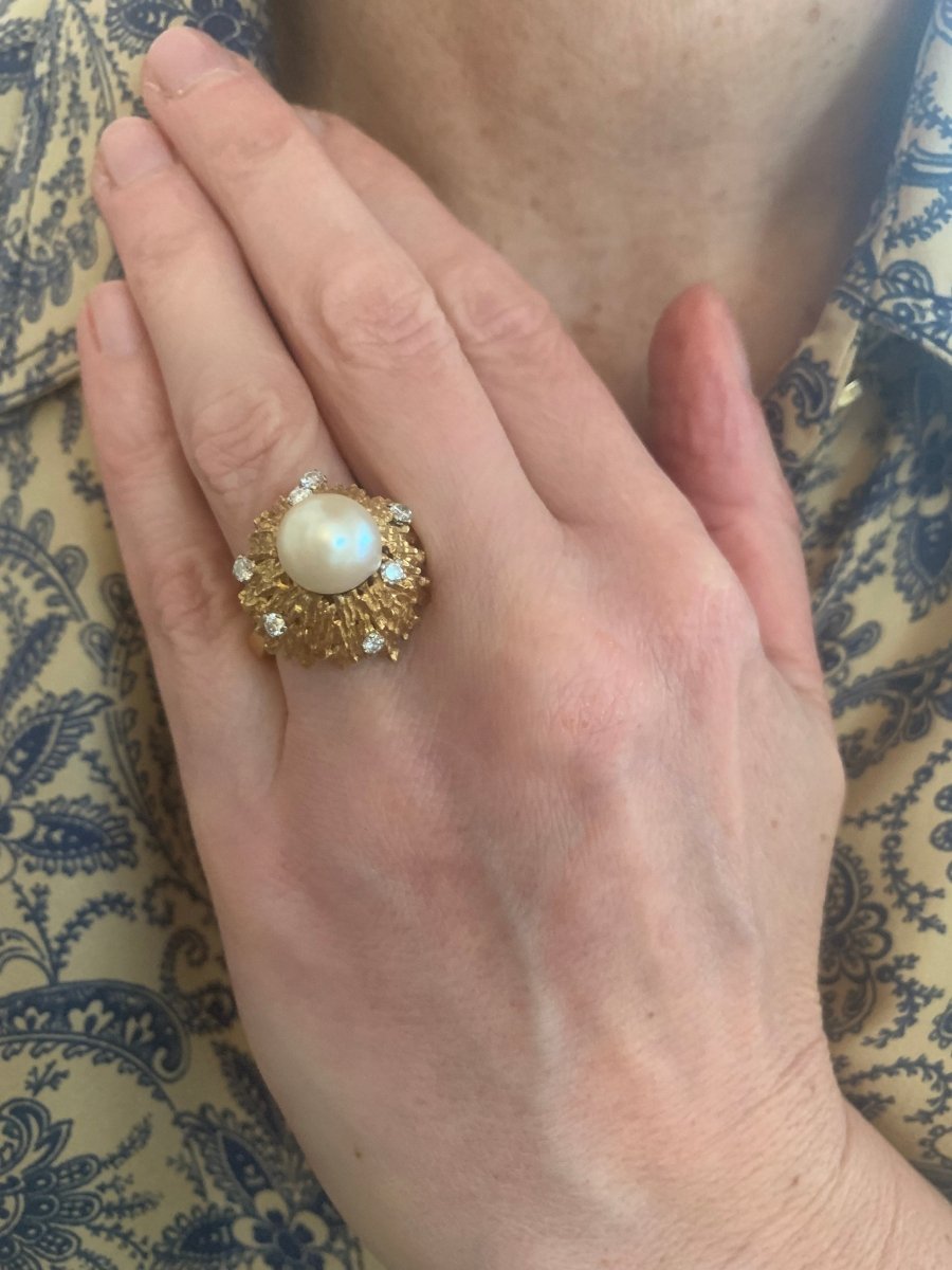 Bague Andrew Grima Perle Diamants Or Jaune 18 Carats - Castafiore