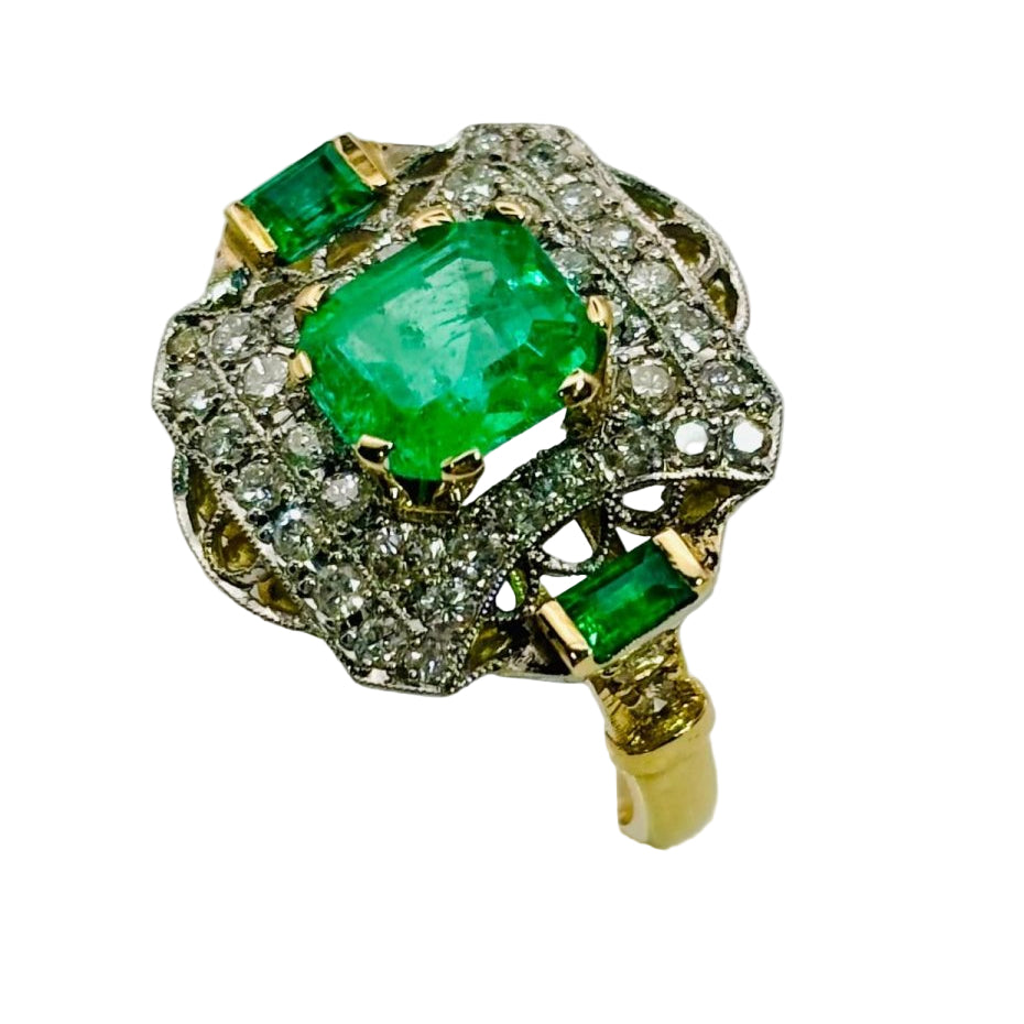 Bague ANILLO Art Déco en or jaune et or blanc avec émeraudes et diamants - Castafiore