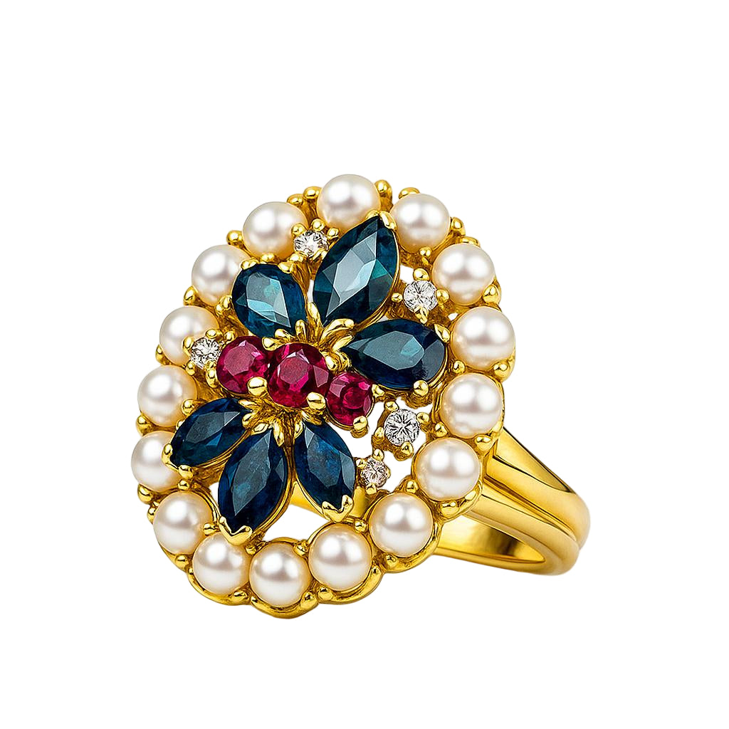 Bague ANILLO Vintage en or jaune avec saphirs, rubis, perles et diamants - Castafiore
