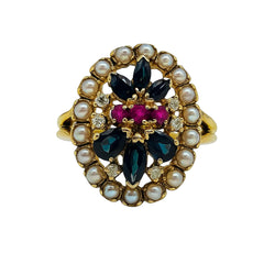 Bague ANILLO Vintage en or jaune avec saphirs, rubis, perles et diamants - Castafiore