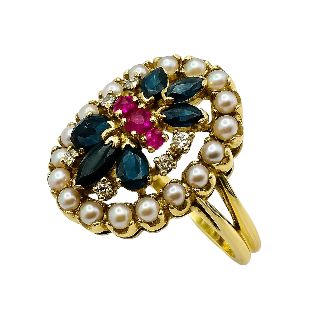 Bague ANILLO Vintage en or jaune avec saphirs, rubis, perles et diamants - Castafiore
