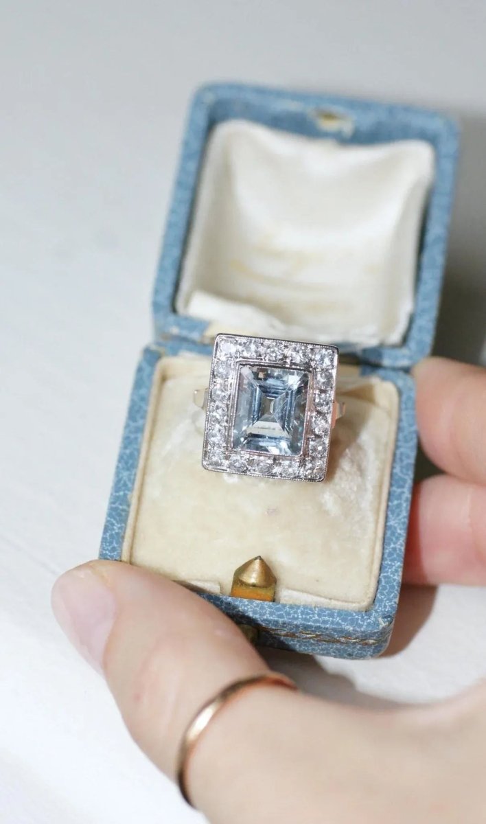 Bague Art Déco Aigue - Marine et Diamants - Castafiore