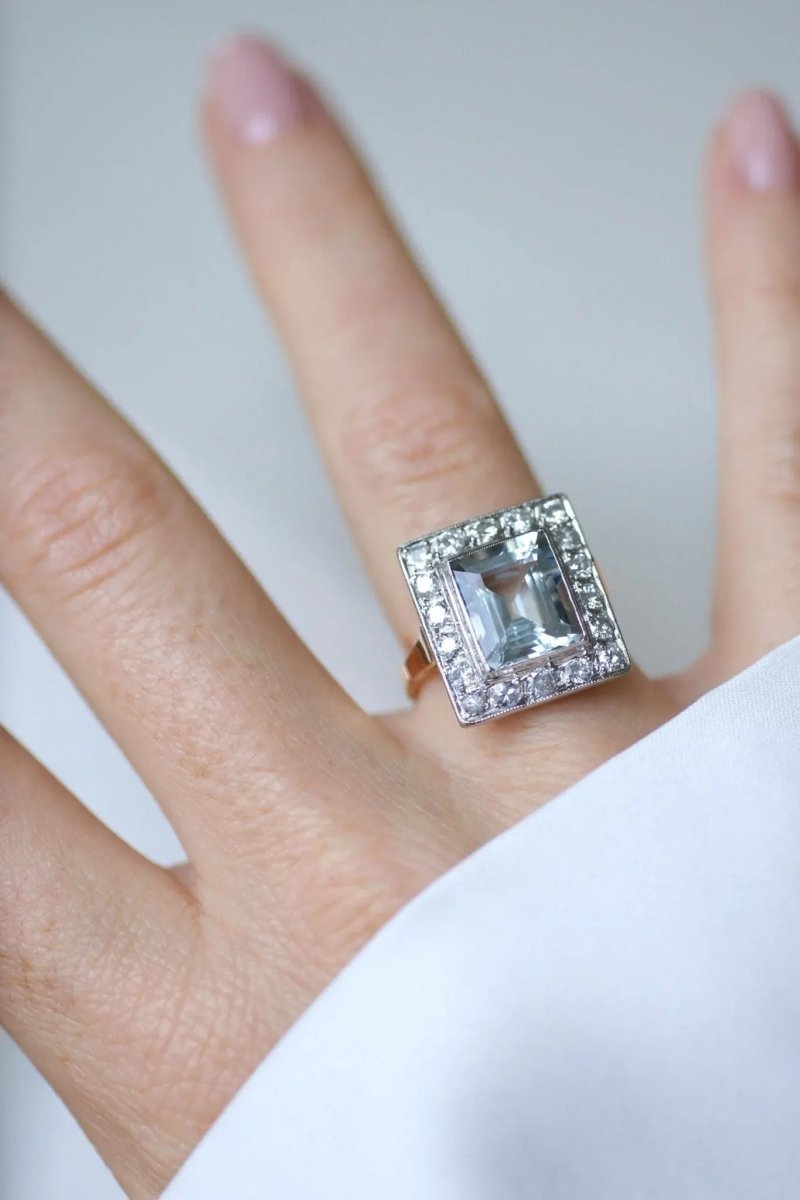 Bague Art Déco Aigue - Marine et Diamants - Castafiore