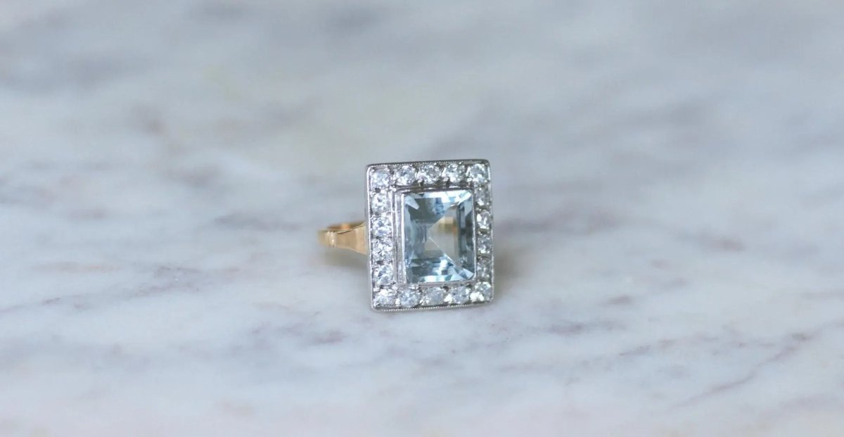 Bague Art Déco Aigue - Marine et Diamants - Castafiore