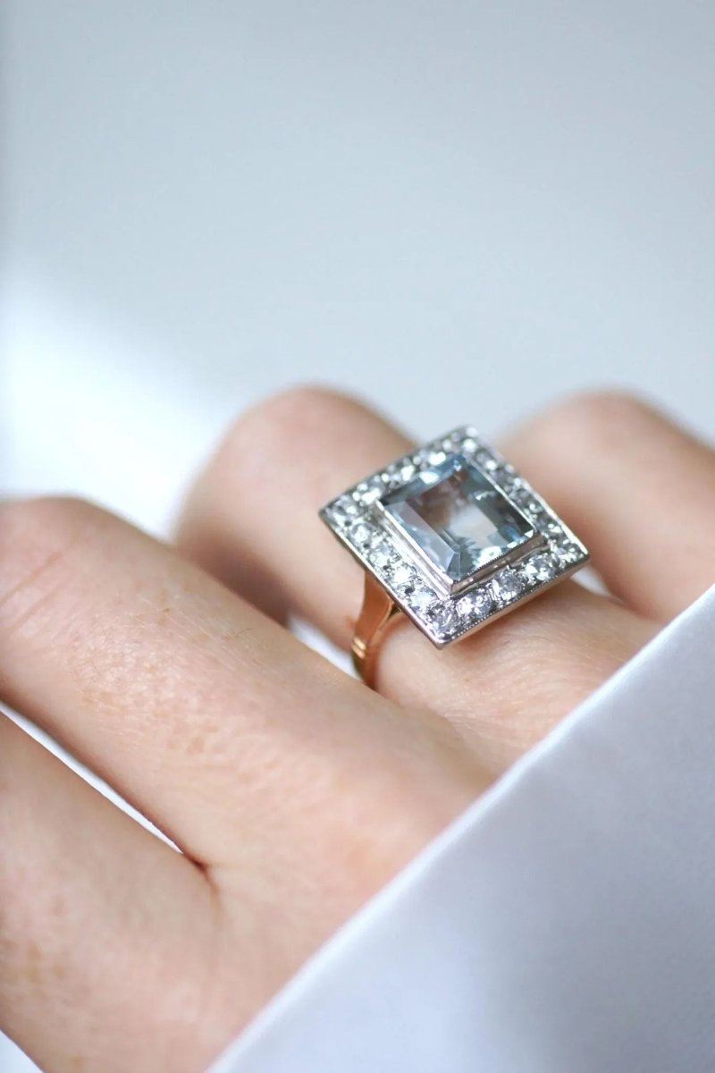 Bague Art Déco Aigue - Marine et Diamants - Castafiore