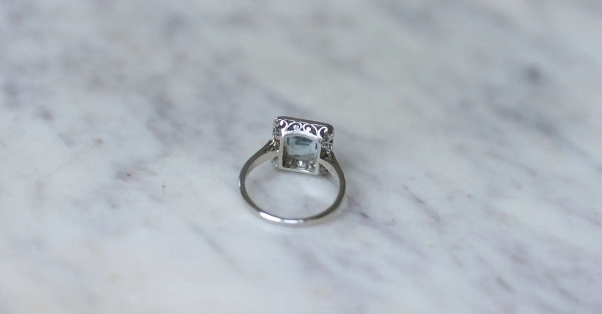 Bague Art Déco Aigue-Marine et Diamants - Castafiore