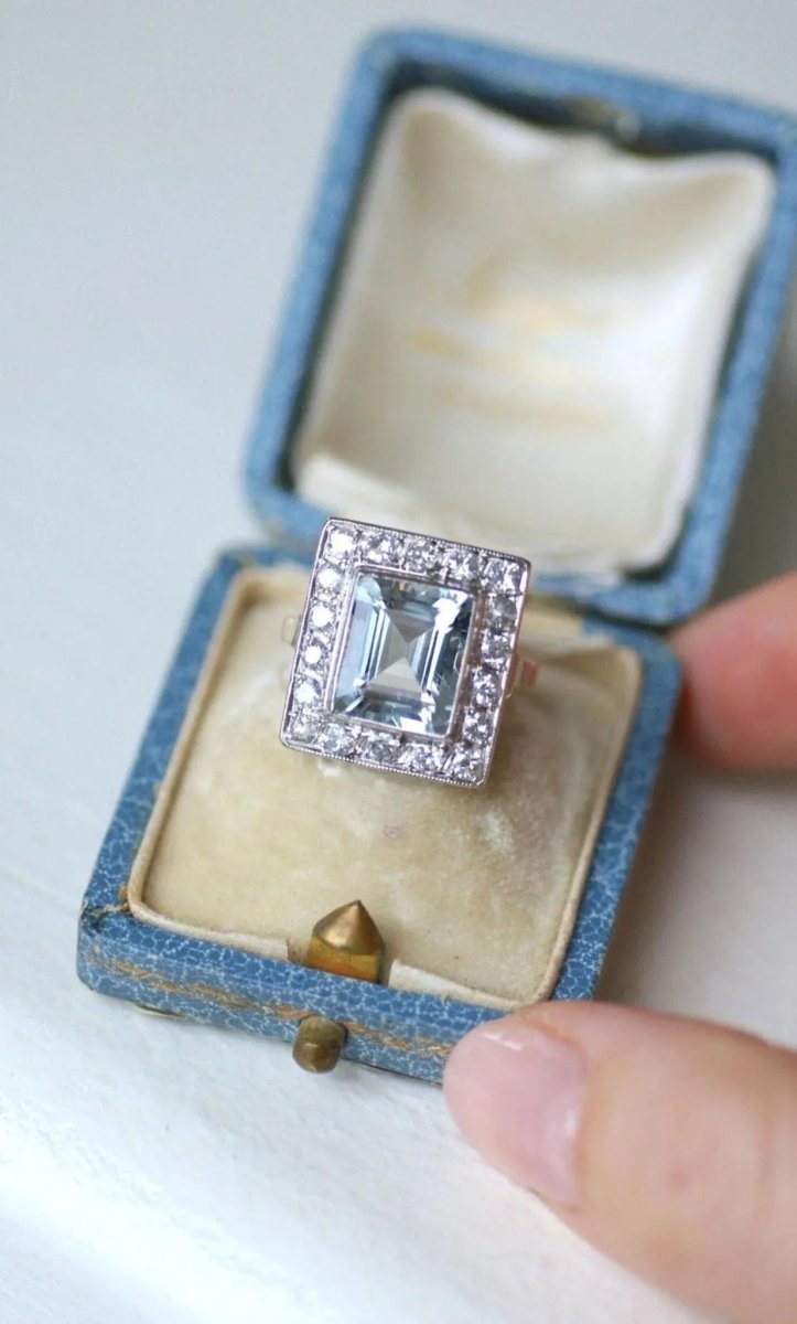 Bague Art Déco Aigue - Marine et Diamants - Castafiore