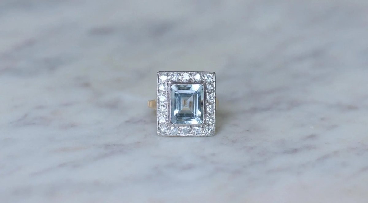 Bague Art Déco Aigue - Marine et Diamants - Castafiore