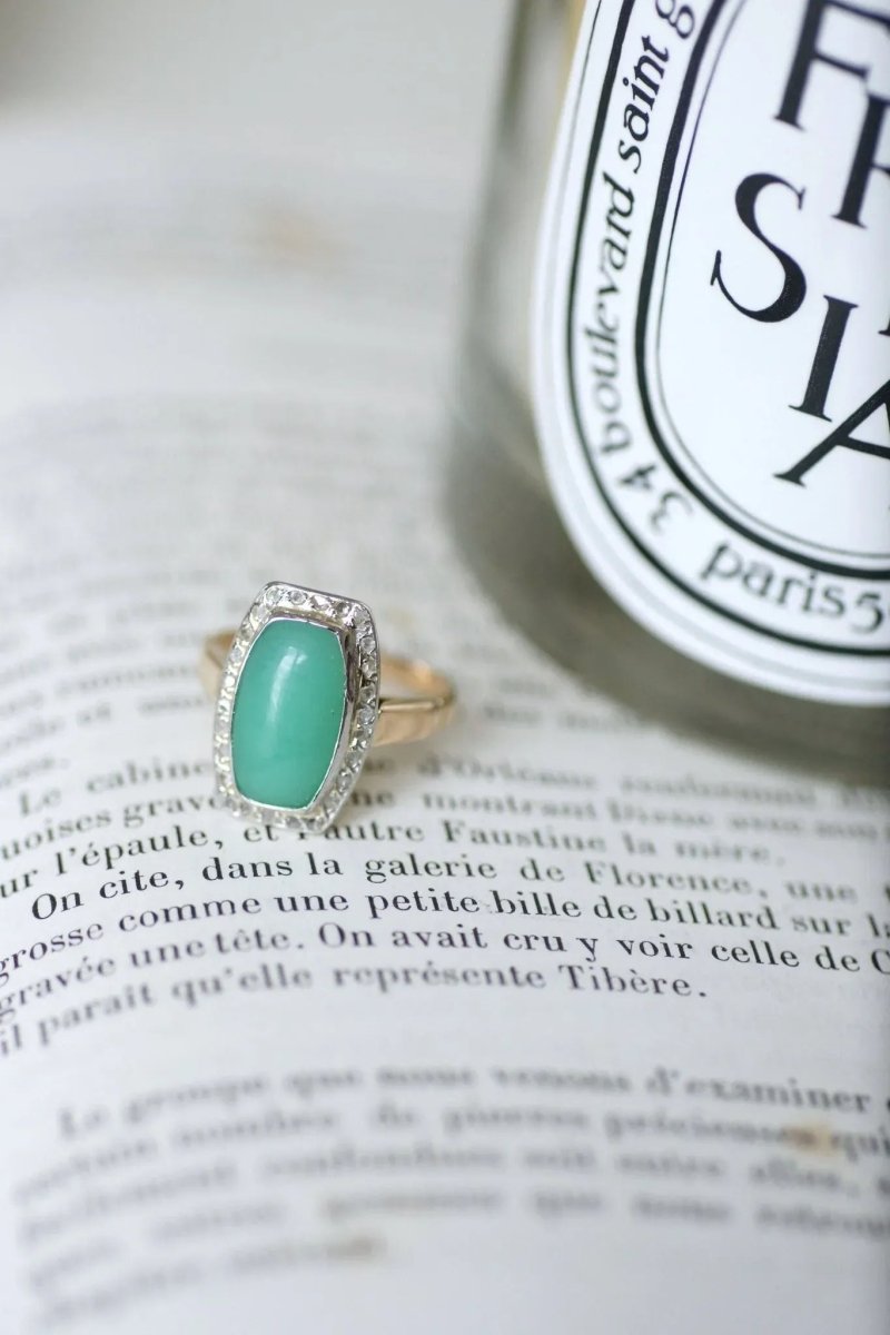 Bague Art Deco Chrysoprase Diamants - Castafiore