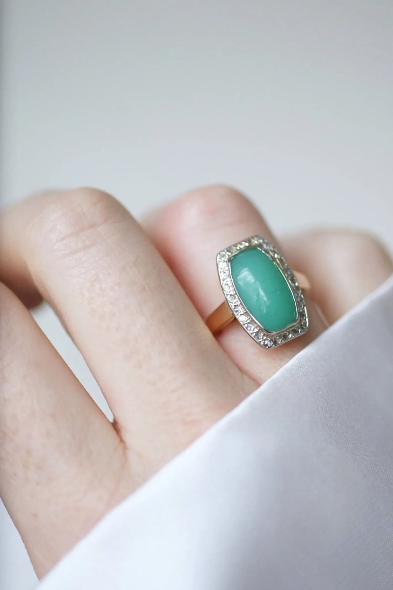 Bague Art Deco Chrysoprase Diamants - Castafiore