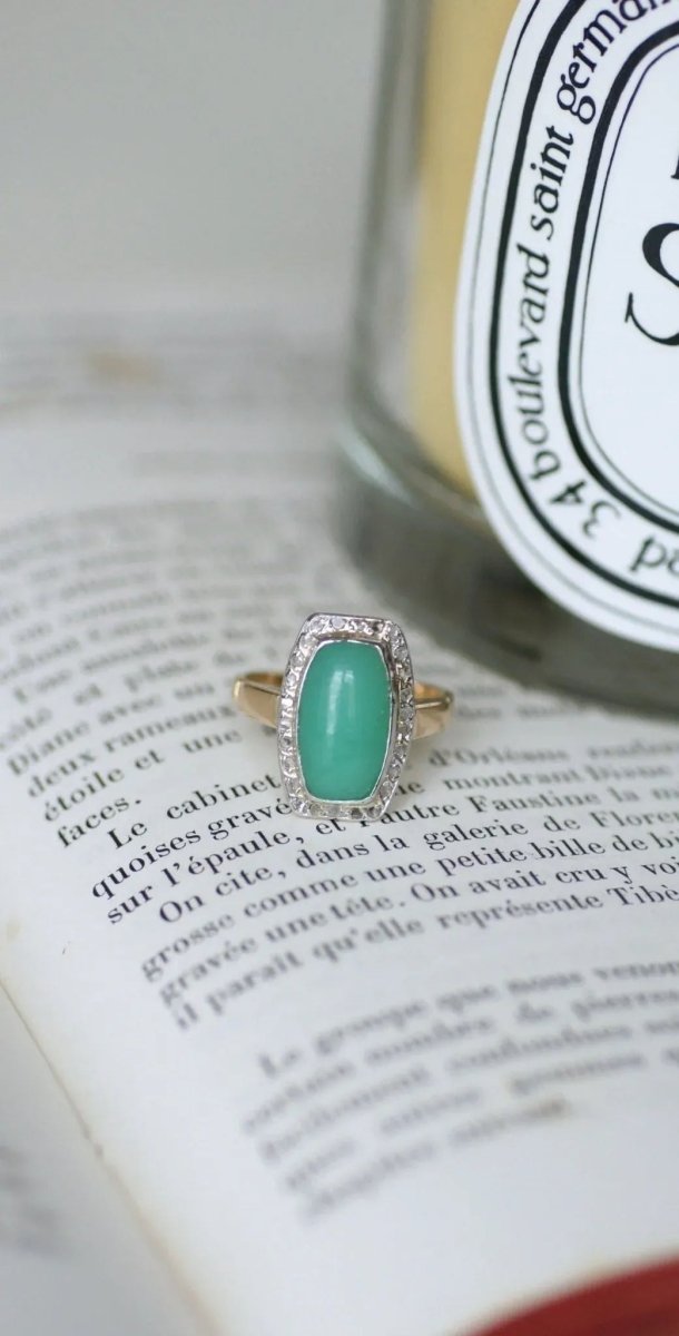 Bague Art Deco Chrysoprase Diamants - Castafiore