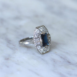 Bague Art Déco Diamants et Saphir Rectangulaire - Castafiore