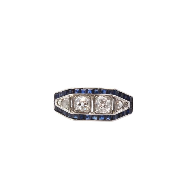 Bague art déco diamants et saphirs calibrés en or et platine - Castafiore