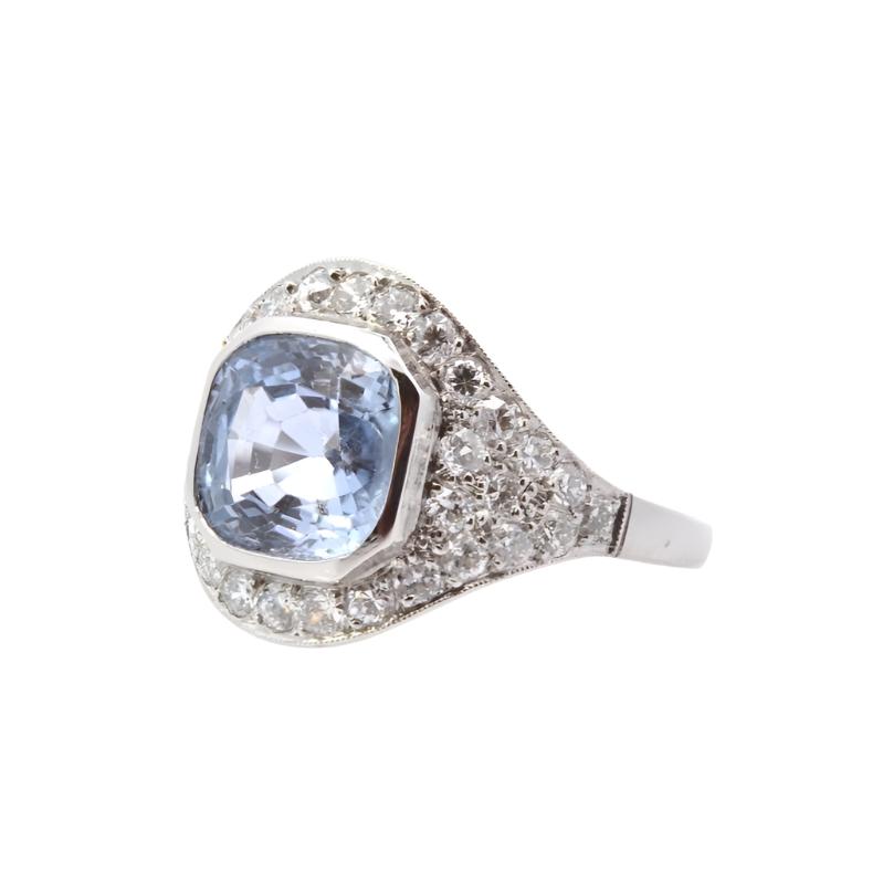 Bague art déco d'occasion saphir de Ceylan et diamants - Castafiore