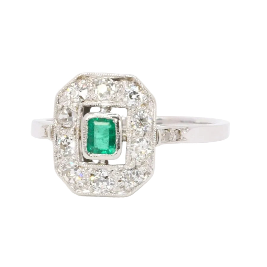 Bague Art Deco émeraude diamants taille ancienne - Castafiore