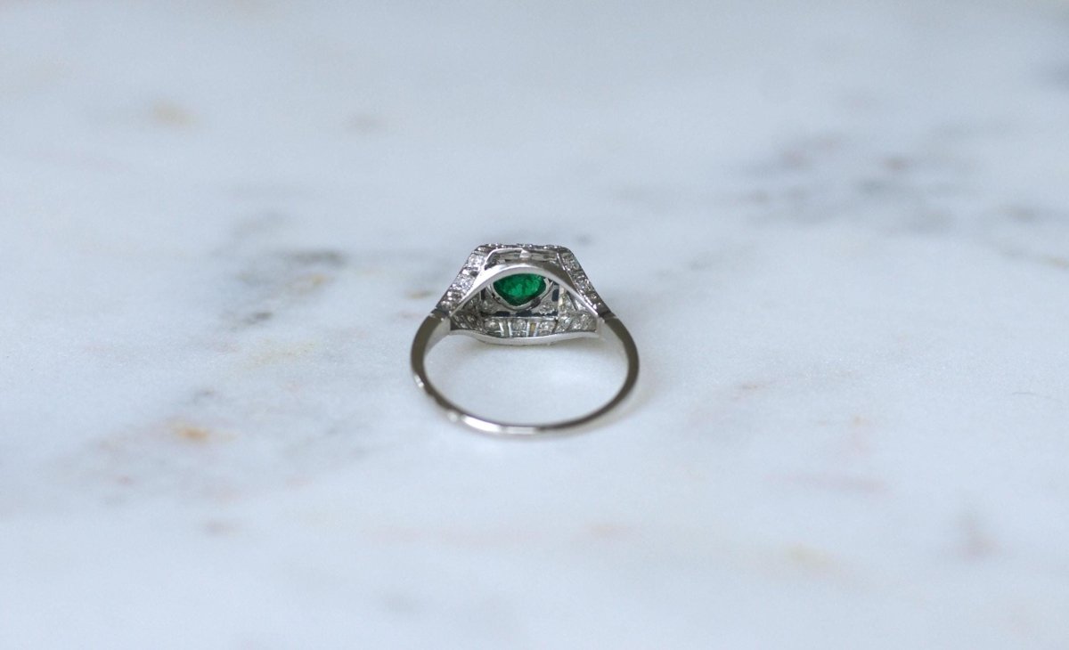 Bague Art Déco Emeraude et Diamants sur Platine - Castafiore