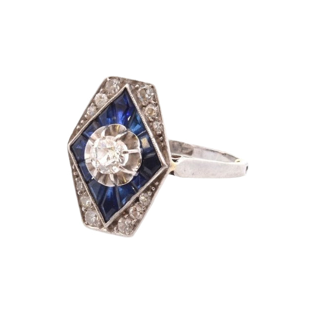 Bague Art déco en or blanc et diamants saphirs - Castafiore