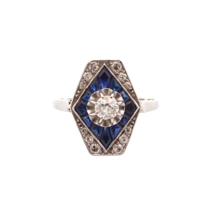 Bague Art déco en or blanc et diamants saphirs - Castafiore