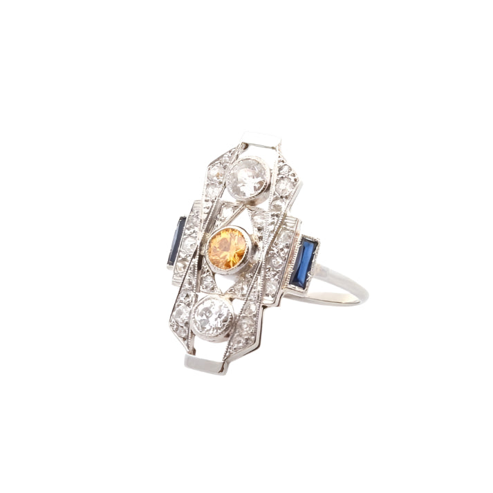 Bague Art déco en or blanc, saphirs et diamants - Castafiore