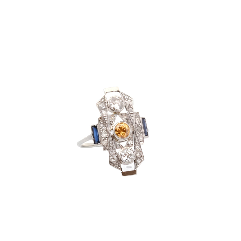 Bague Art déco en or blanc, saphirs et diamants - Castafiore