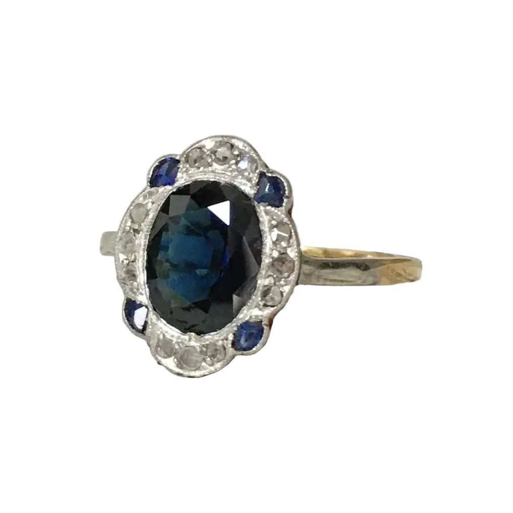 Bague Art-Déco en or jaune, platine, saphir et diamants - Castafiore