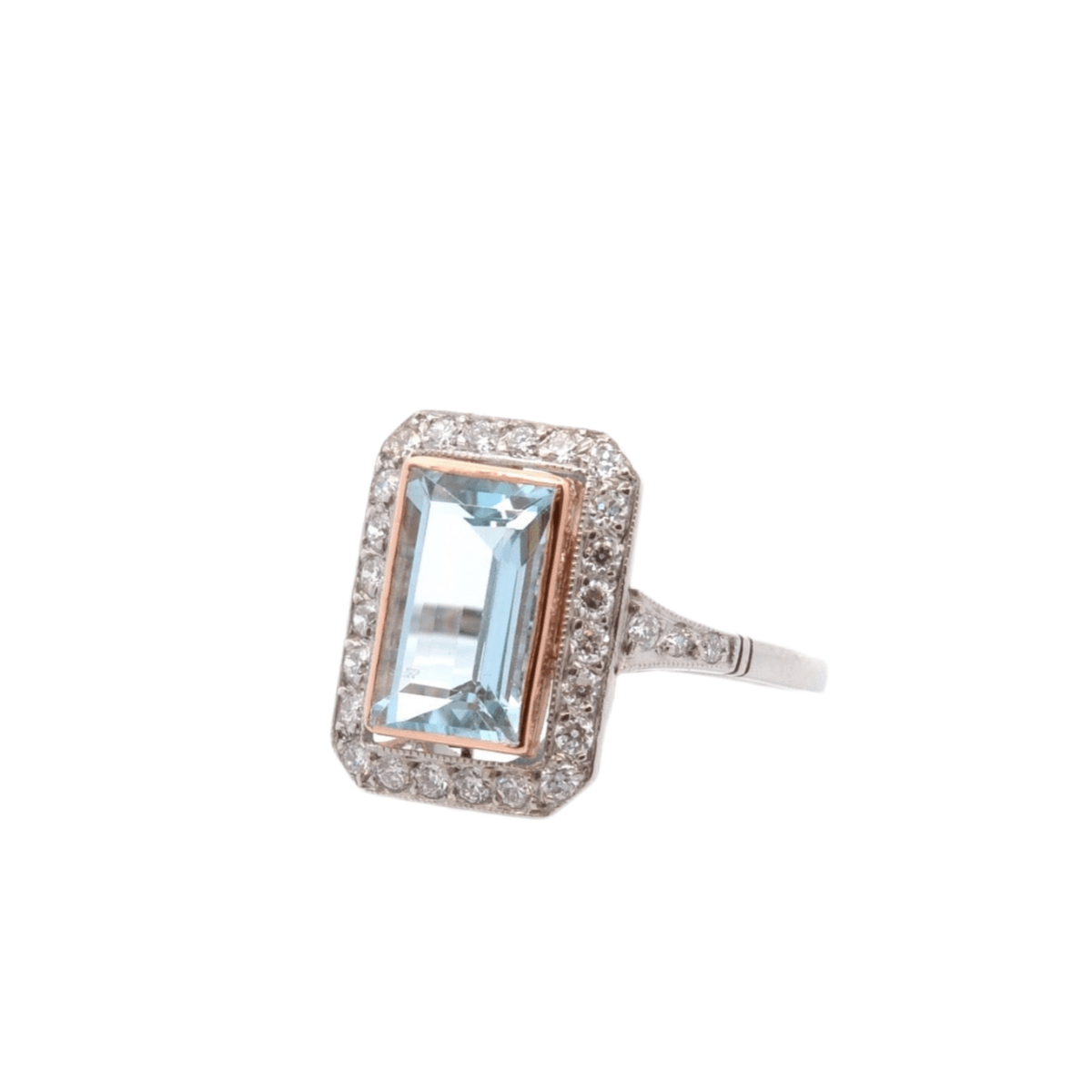 Bague Art déco en or, platine, aigue - marine et diamants - Castafiore