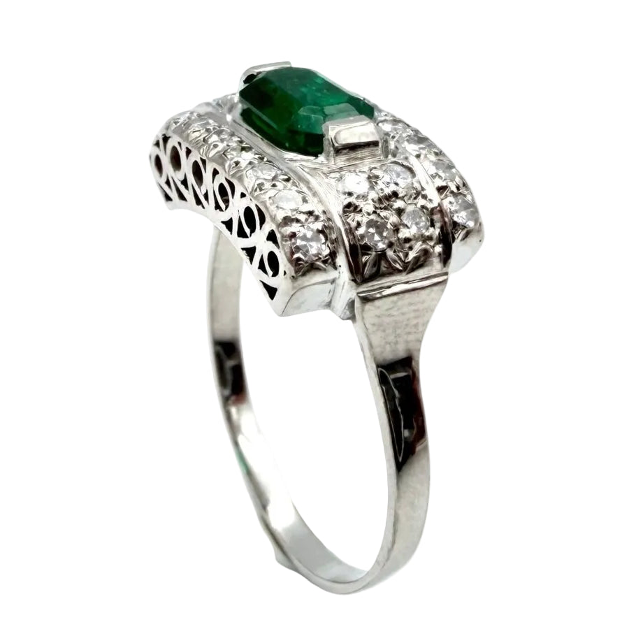 Bague Art-Déco en or, platine, émeraude et diamants - Castafiore