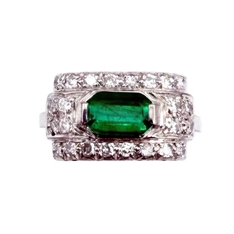 Bague Art-Déco en or, platine, émeraude et diamants - Castafiore