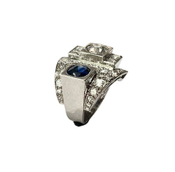 Bague Art Déco en platine, diamants et saphir - Castafiore