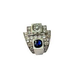Bague Art Déco en platine, diamants et saphir - Castafiore