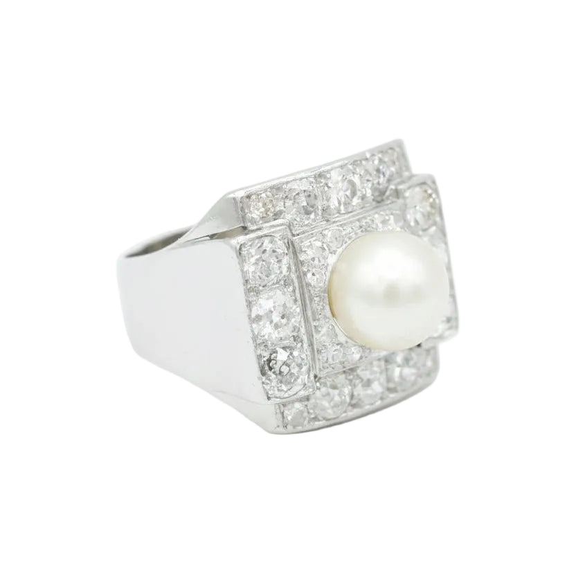 Ring Art Deco in paltinium, pearl of Culture and diamonds - Castafiore