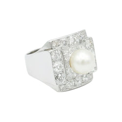 Ring Art Deco in paltinium, pearl of Culture and diamonds - Castafiore