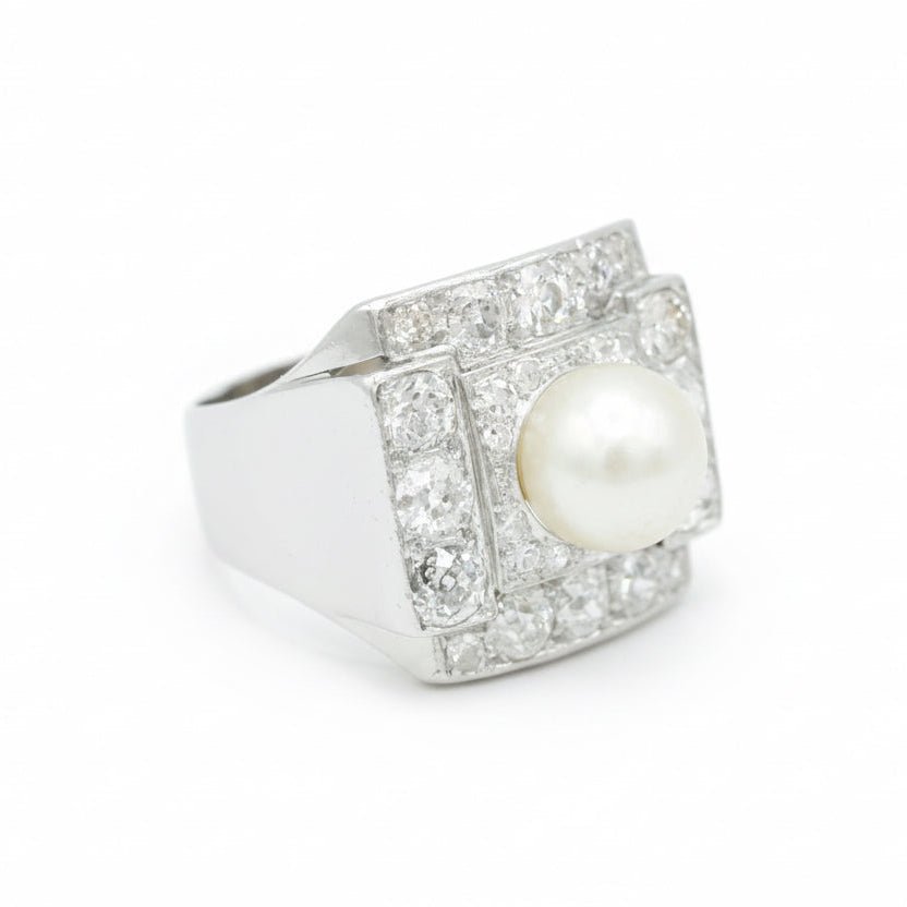 Ring Art Deco in paltinium, pearl of Culture and diamonds - Castafiore