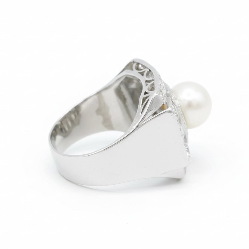 Ring Art Deco in paltinium, pearl of Culture and diamonds - Castafiore