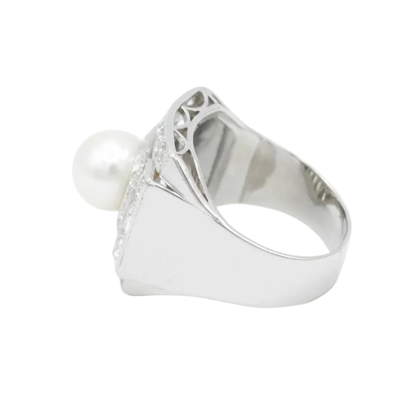 Ring Art Deco in paltinium, pearl of Culture and diamonds - Castafiore