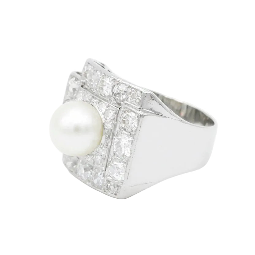 Ring Art Deco in paltinium, pearl of Culture and diamonds - Castafiore