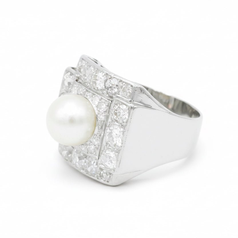 Ring Art Deco in paltinium, pearl of Culture and diamonds - Castafiore