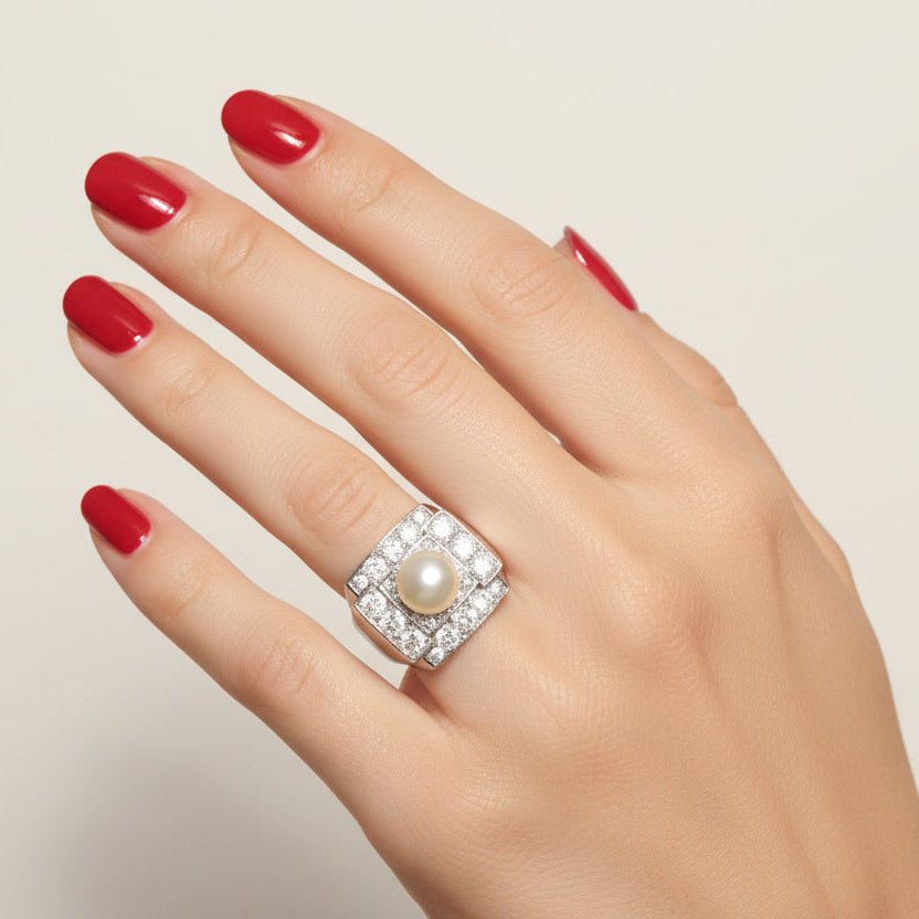 Ring Art Deco in paltinium, pearl of Culture and diamonds - Castafiore