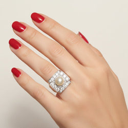 Ring Art Deco in paltinium, pearl of Culture and diamonds - Castafiore