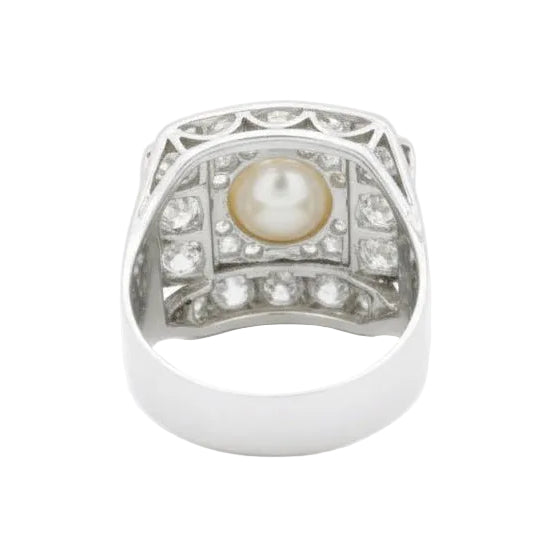 Ring Art Deco in paltinium, pearl of Culture and diamonds - Castafiore