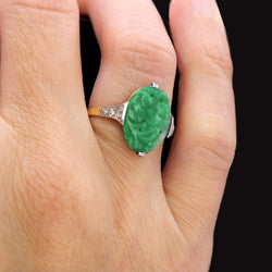 Bague Art déco jade et diamants en or jaune et platine - Castafiore