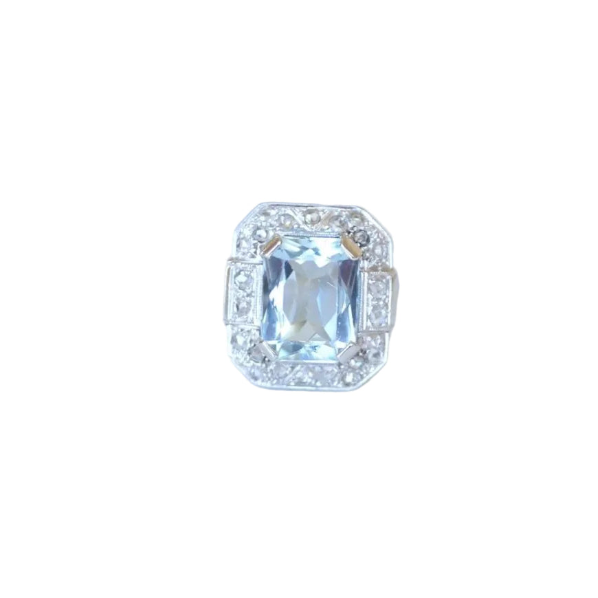 Bague Art Déco Octogonale Aigue - Marine 4,90 Cts et Diamants - Castafiore