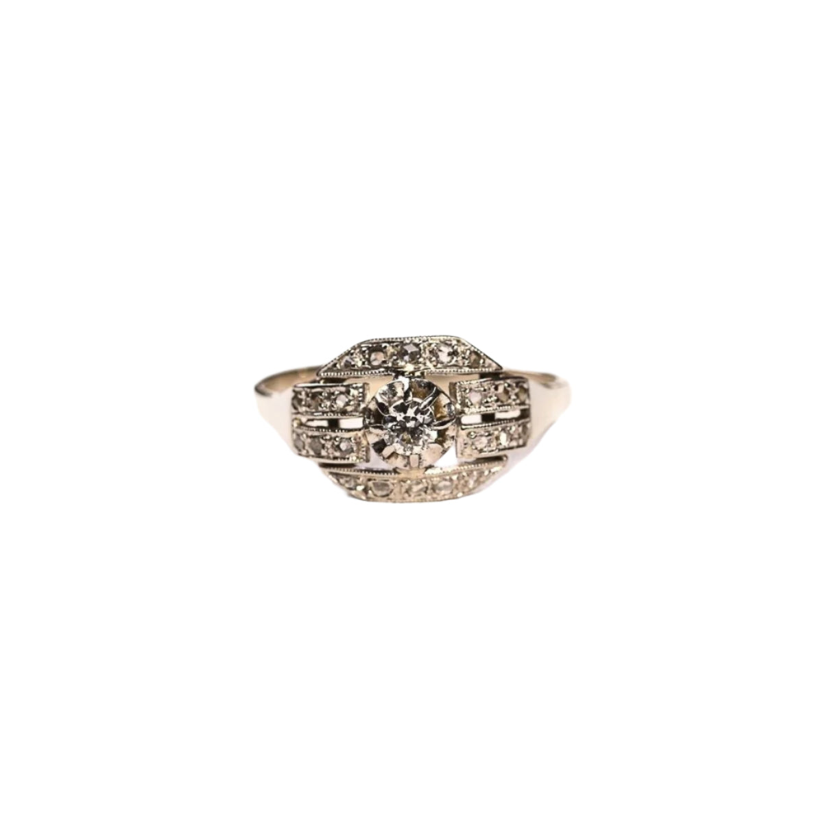 Bague Art Déco octogonale diamants en or et platine - Castafiore