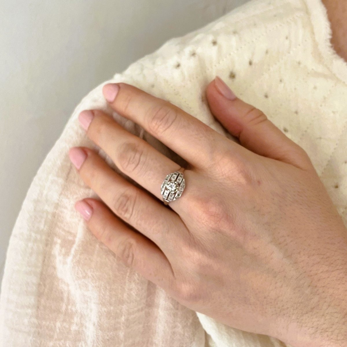 Bague Art Déco octogonale diamants en or et platine - Castafiore