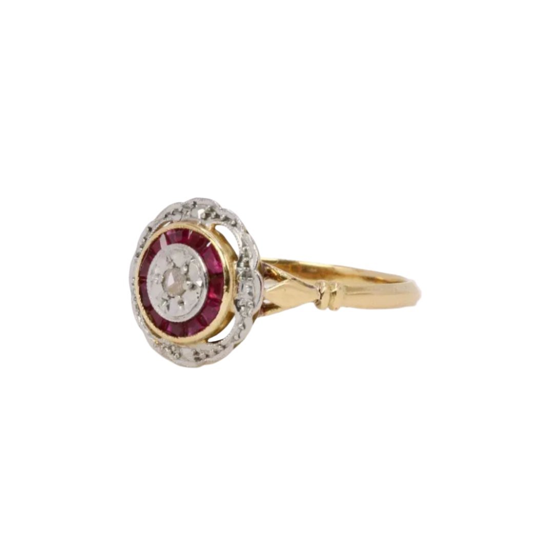 Bague Art Déco ronde diamants rubis - Castafiore