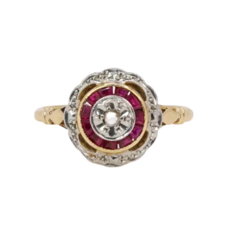 Bague Art Déco ronde diamants rubis - Castafiore