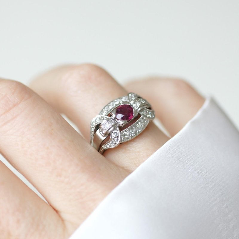 Bague Art Déco Rubis et Diamants sur Platine - Castafiore